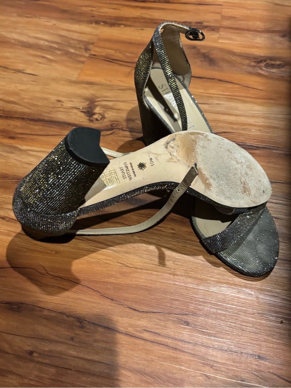 Stuart Weitzman Metallic Gold-Black Glitter Block Heel Sandals